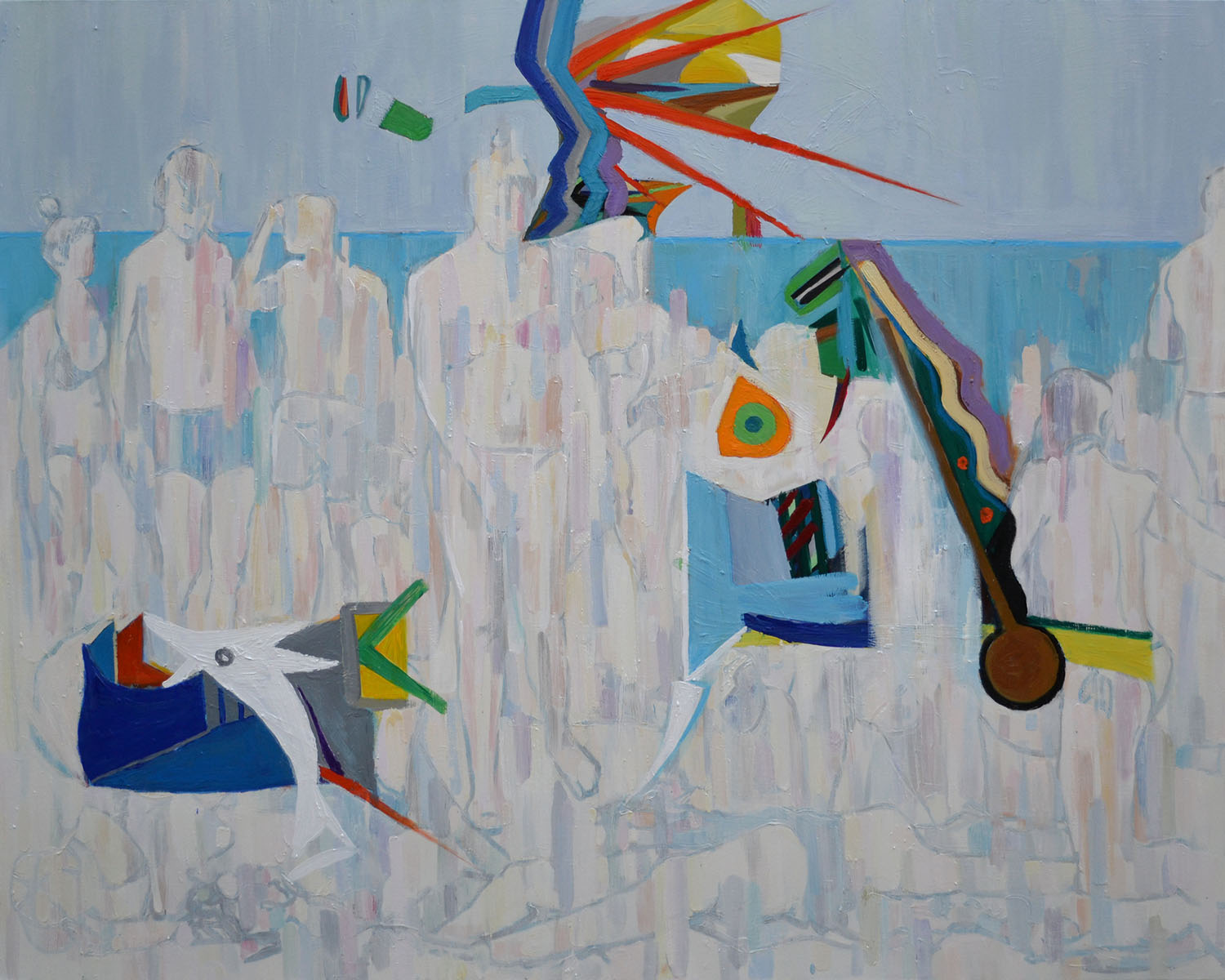 Modern artwork depicting people on a bright beach with abstract overlay of color and form