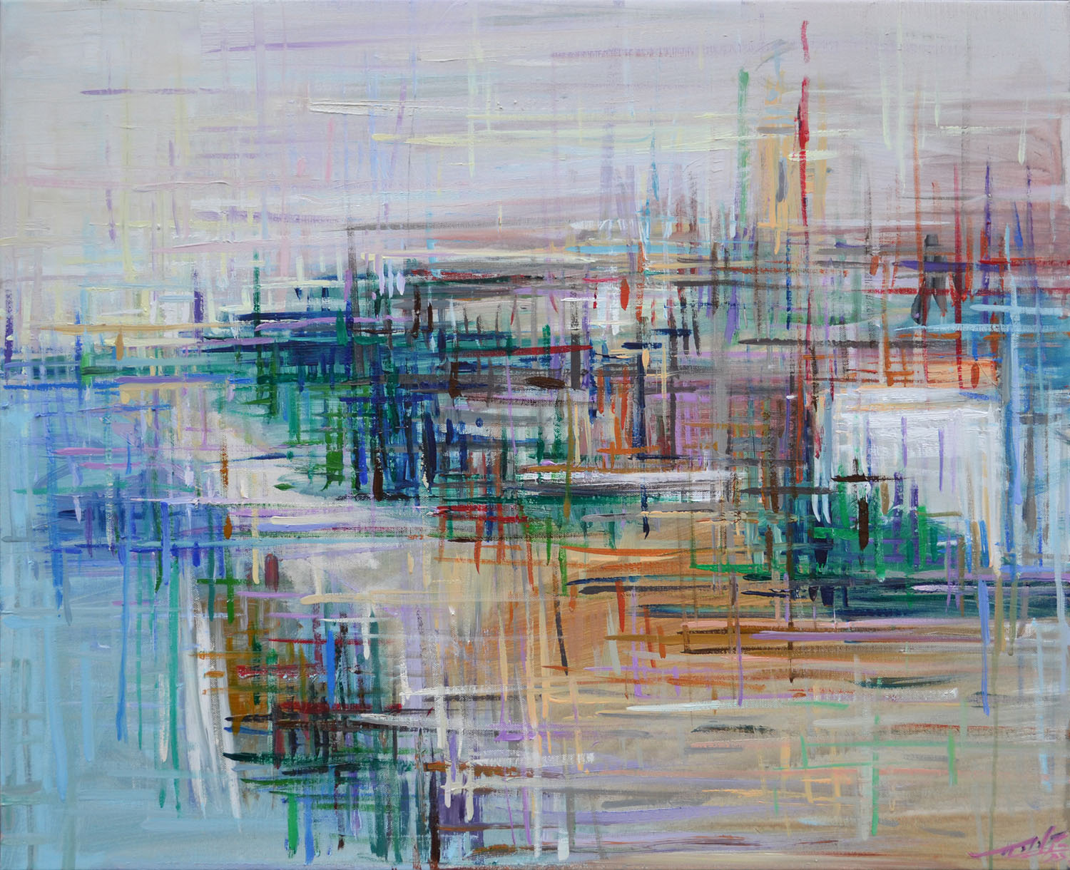 Belgrade cityscape in a modern impressionist style, conveying the light, energy, and atmosphere of the city through expressive strokes and dots.