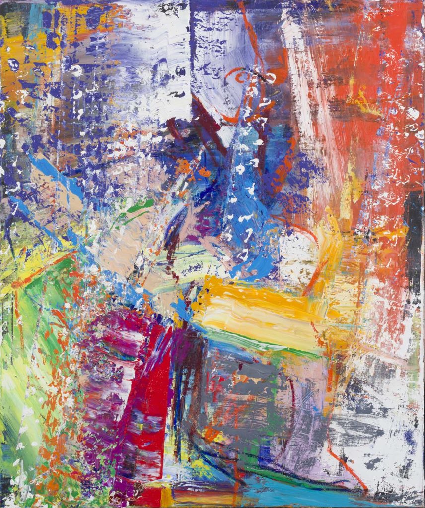 Contemporary painting symbolizing momentum and motion, dynamic brush strokes and energy