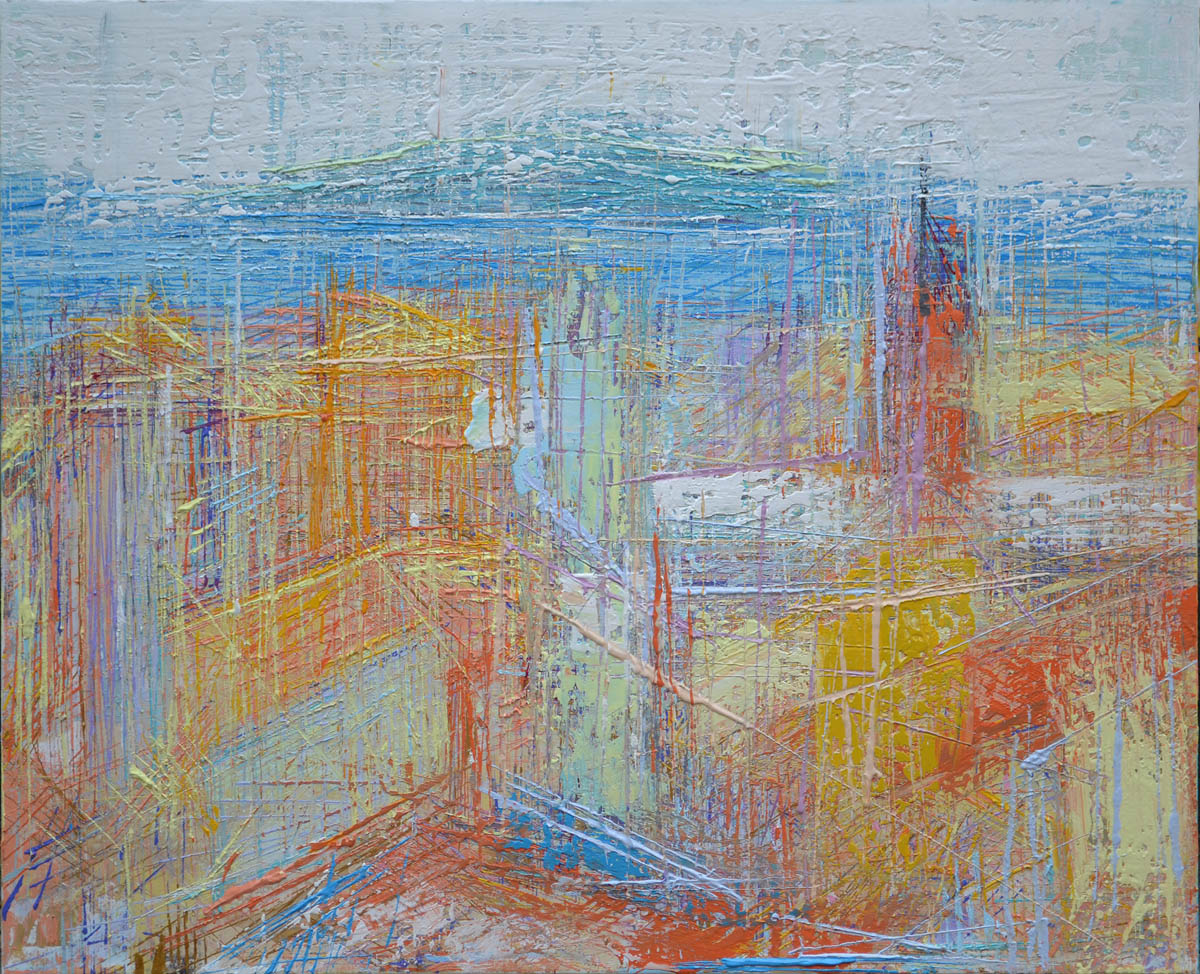 Dubrovnik cityscape in a modern impressionist style, capturing the light, energy, and atmosphere through expressive strokes and dots