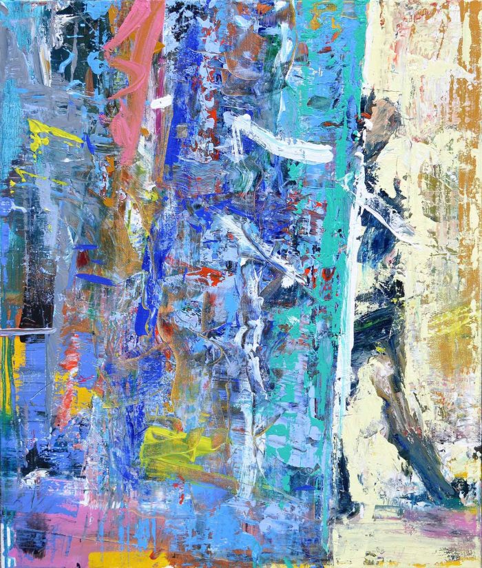 First step, 2025, 100 x 80 cm, oil on canvas Modern abstract art depicting a figure moving through spatial forms, expressive composition