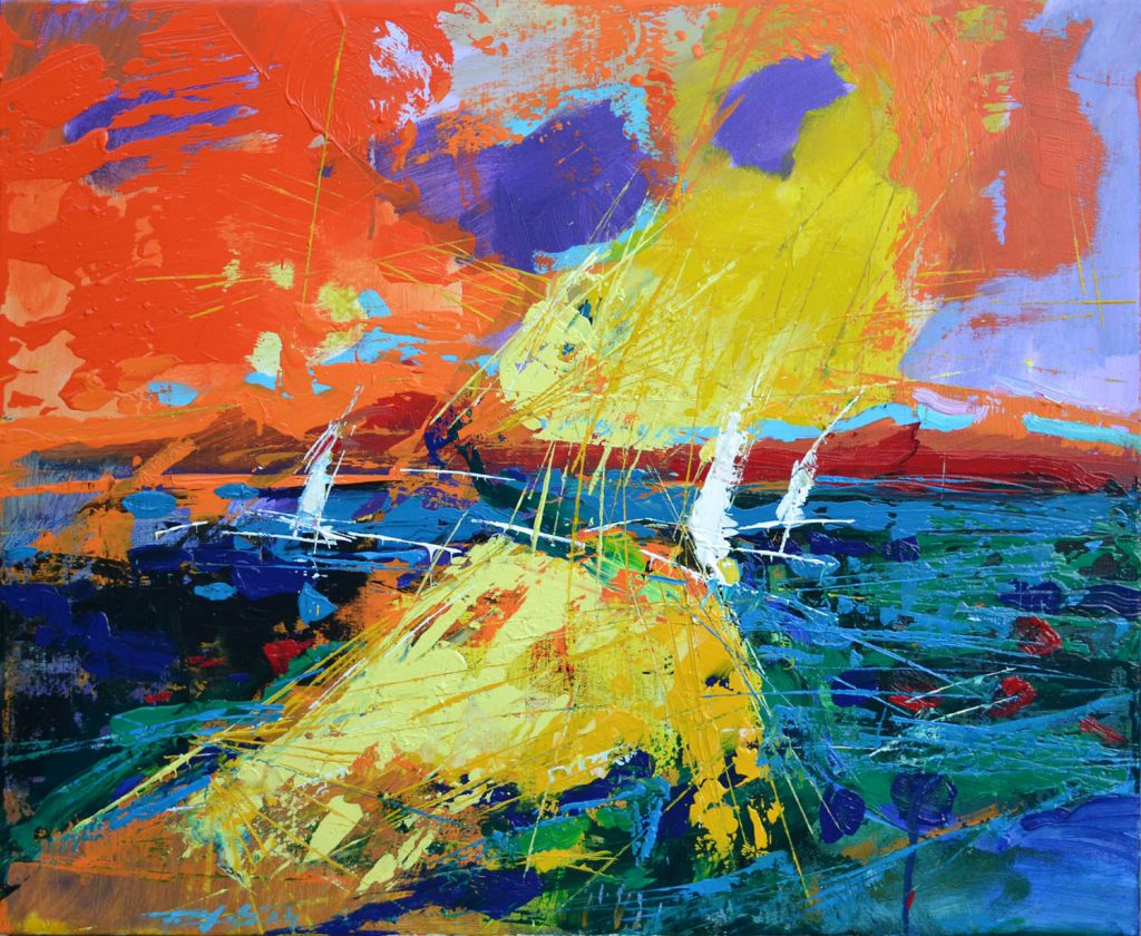 Contemporary expressive artwork depicting ocean, wind, and sailing boats in vibrant abstract style