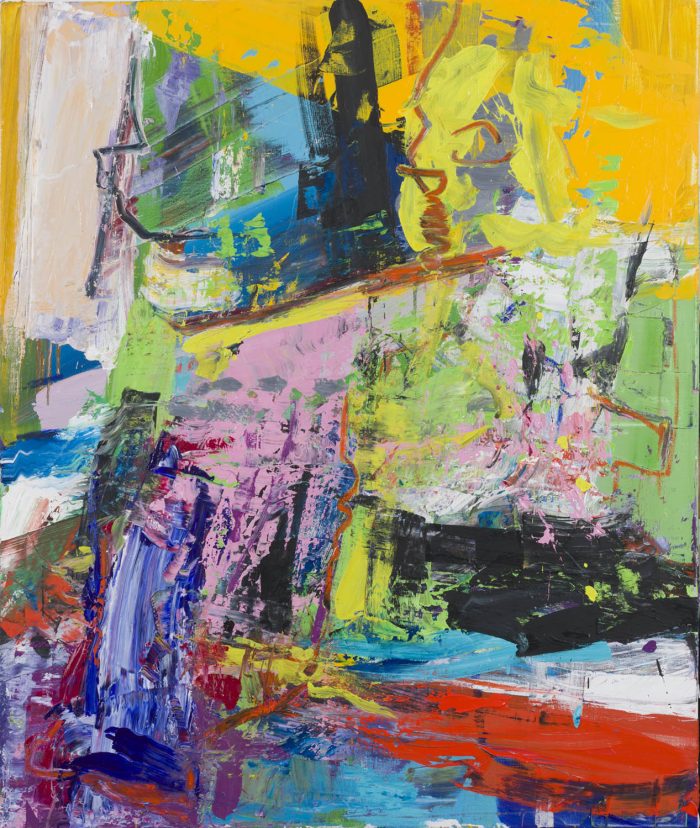 Golden reflection, 2025, 120 x100 cm, oil on canvas Modern abstract painting ‘Golden Reflection’ by artist Borko Petrovic — a powerful and sensual composition of a blue-haired woman sitting in a bar, expressing feminine sexuality and strength