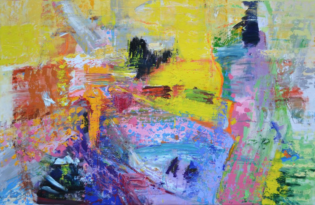 Abstract landscape painting ‘One Day Somewhere’ by artist Borko Petrovic — a poetic fusion of real and surreal elements creating a dreamlike visual journey