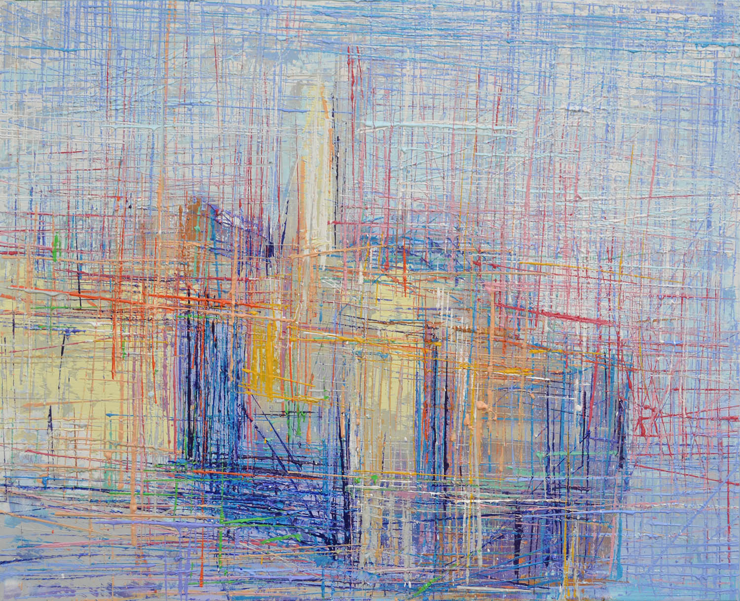 Ultra-modern landscape painting ‘Rovinj’ by artist Borko Petrovic — a contemporary interpretation of impressionist light, created through fine, elongated lines of vivid color