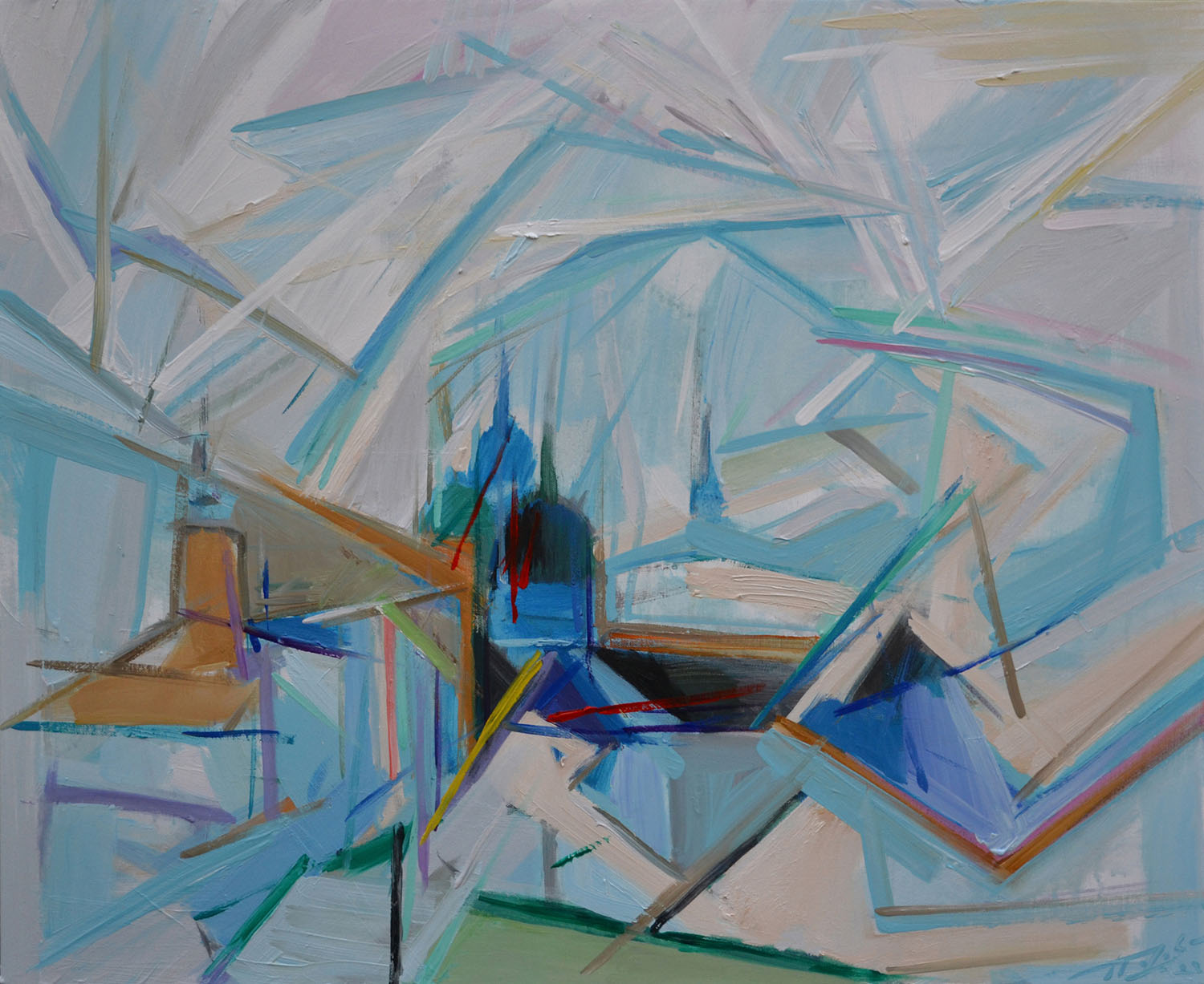 Cubist-inspired winter landscape painting ‘Salzburg’ by artist Borko Petrovic — an exploration of Alpine peaks and Salzburg’s churches through geometric forms and contemporary abstraction
