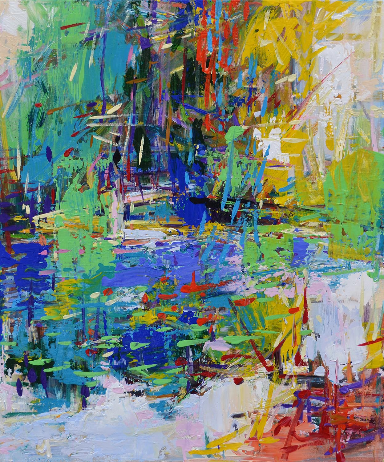 Modern landscape painting ‘Sun_in_Topcider’ by artist Borko Petrovic — innovative techniques capture the full freshness and vibrancy of a summer day in Topčider’s green oasis