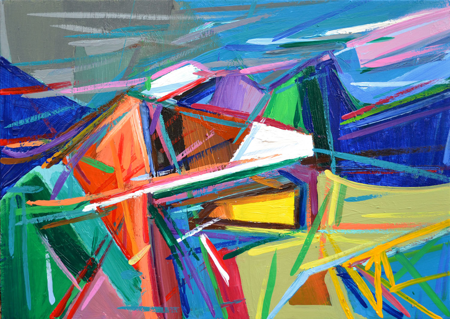 Cubist-inspired landscape painting ‘The Alps’ by artist Borko Petrovic — capturing the full power and majesty of the Alpine mountains through geometric forms