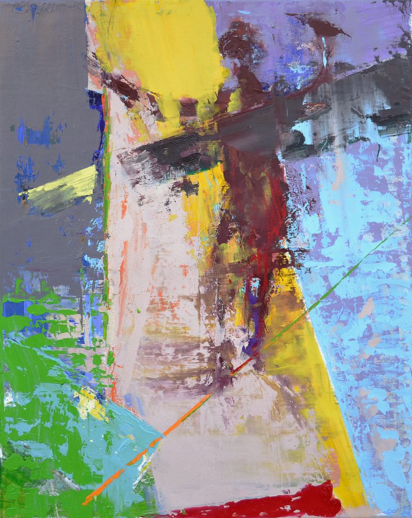 Abstract painting ‘The Artist Today’ by artist Borko Petrovic — a figure walking on a tightrope, symbolizing the modern artist navigating and balancing in a chaotic and tumultuous world