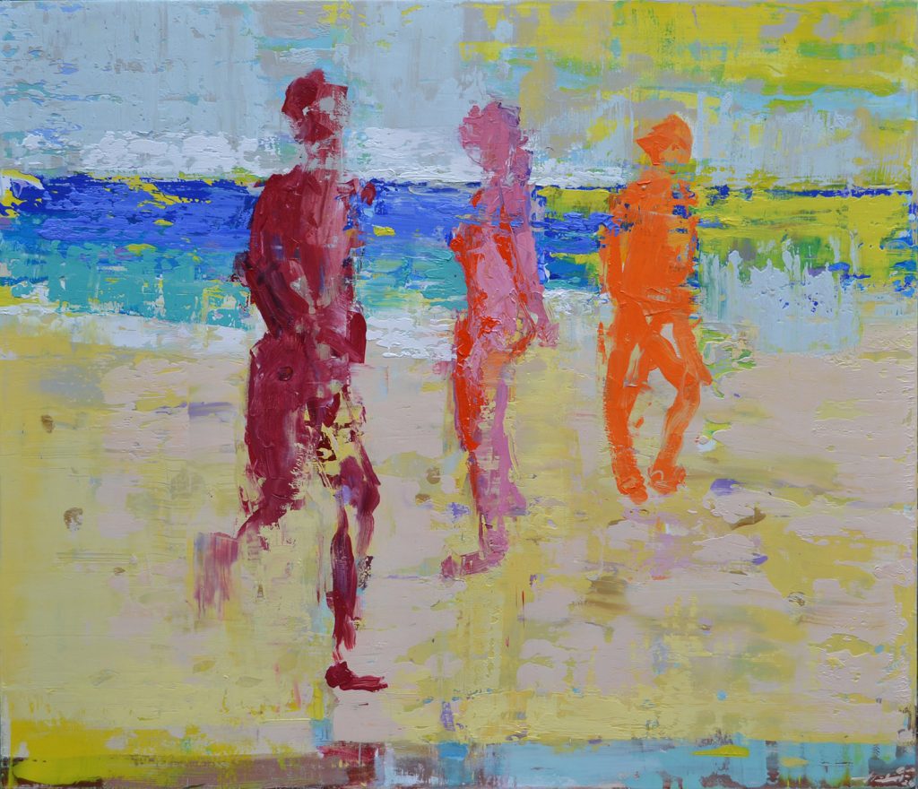 Figurative painting ‘The Encounter’ by artist Borko Petrovic — three figures on a beach depicting a woman and two men, illustrating courtship, the struggle for her attention, and her role within social dynamics