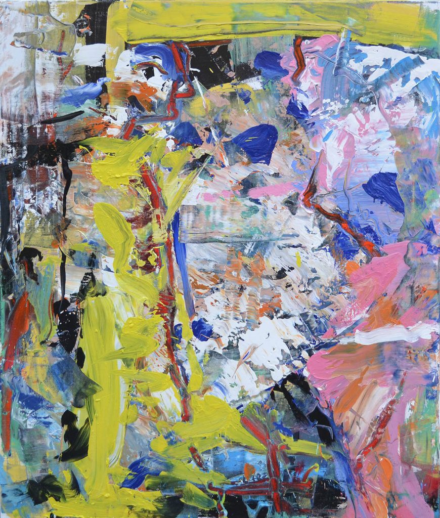 Abstract expressive painting ‘Voices in Motion’ by artist Borko Petrovic — two figures in conversation, depicted with bold brushstrokes and a sense of freedom in movement