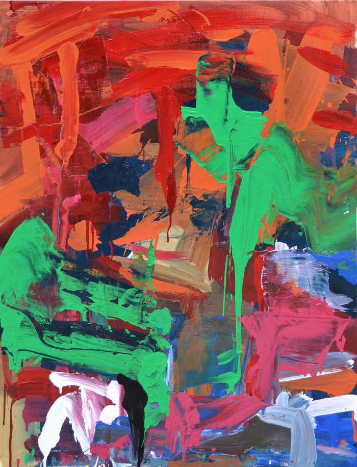 Contemporary abstract expressionism by Borko Petrovic: Heavy gestural brushwork and paint drips in lime green, crimson, and deep blue, creating a layered, visceral spatial experience