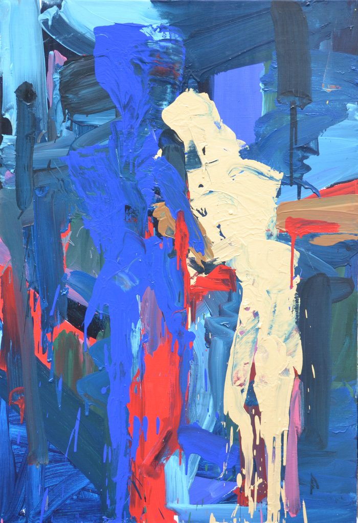 Genesis of Closeness by Borko Petrovic: Contemporary oil painting featuring heavy impasto textures and gestural brushwork that define the emergence of two intertwined forms within a deep blue spatial void