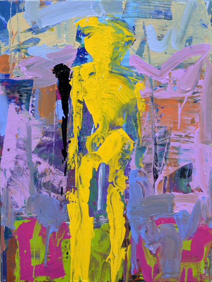 Contemporary abstract artwork by Borko Petrovic featuring heavy impasto and dripping effects, with a bold yellow vertical form set against energetic, multi-layered pastel strokes
