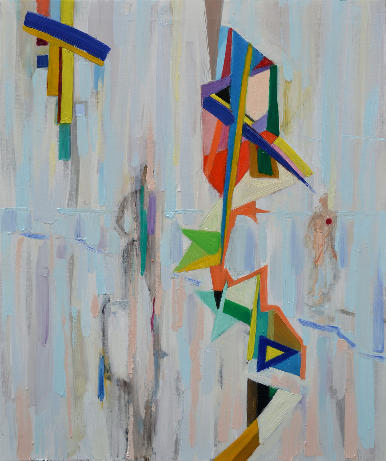 Modern semi-abstract painting ‘Beach’ by artist Borko Petrovic — two figures moving through shallow water, depicted with sfumato technique and abstract elements symbolizing their emotions