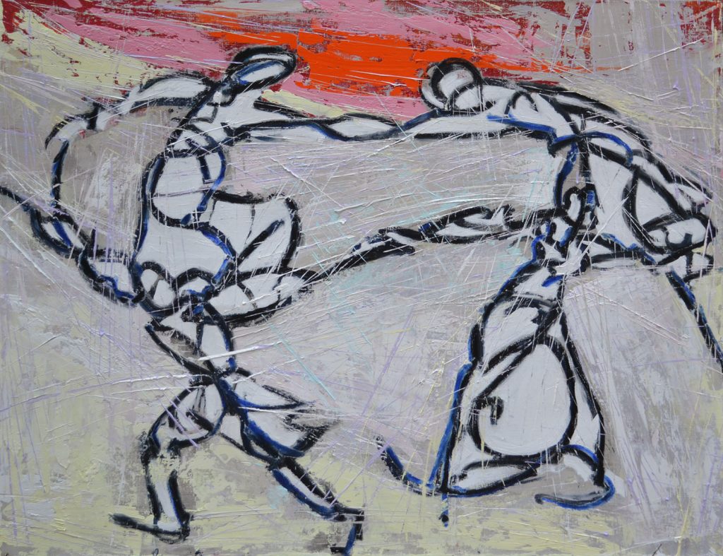 Modern figurative painting ‘Dance’ by artist Borko Petrovic — people dancing in a circle, composed with flowing linear forms reminiscent of Matisse, enhanced with contemporary brushstrokes and vibrant lines