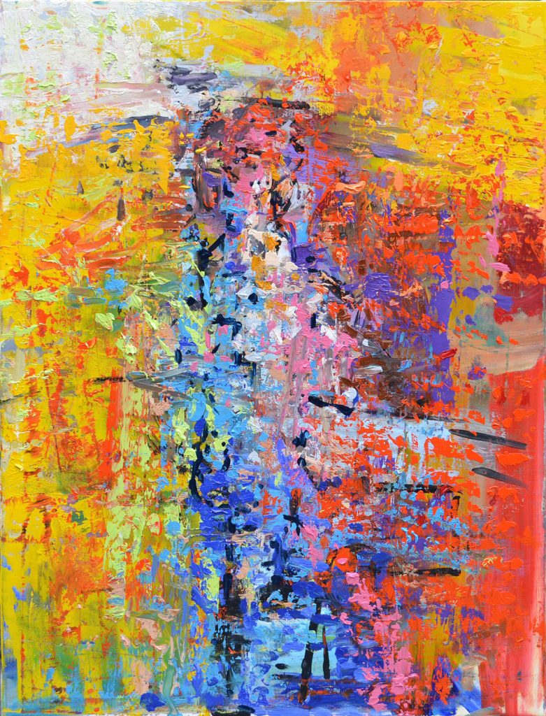 Semi-figurative abstract painting ‘Light of Consciousness’ by artist Borko Petrovic — a climber standing atop a peak, evoking human achievement, reflection, and the heights of consciousness