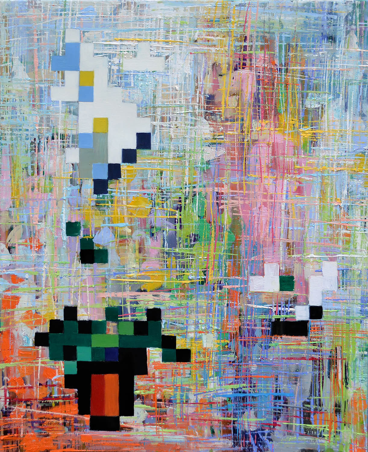 Modern figurative painting ‘Spring’ by artist Borko Petrovic — a figure watering flowers in a garden, with blooms rendered in pixel-like squares, experimenting with a digital-inspired abstract style