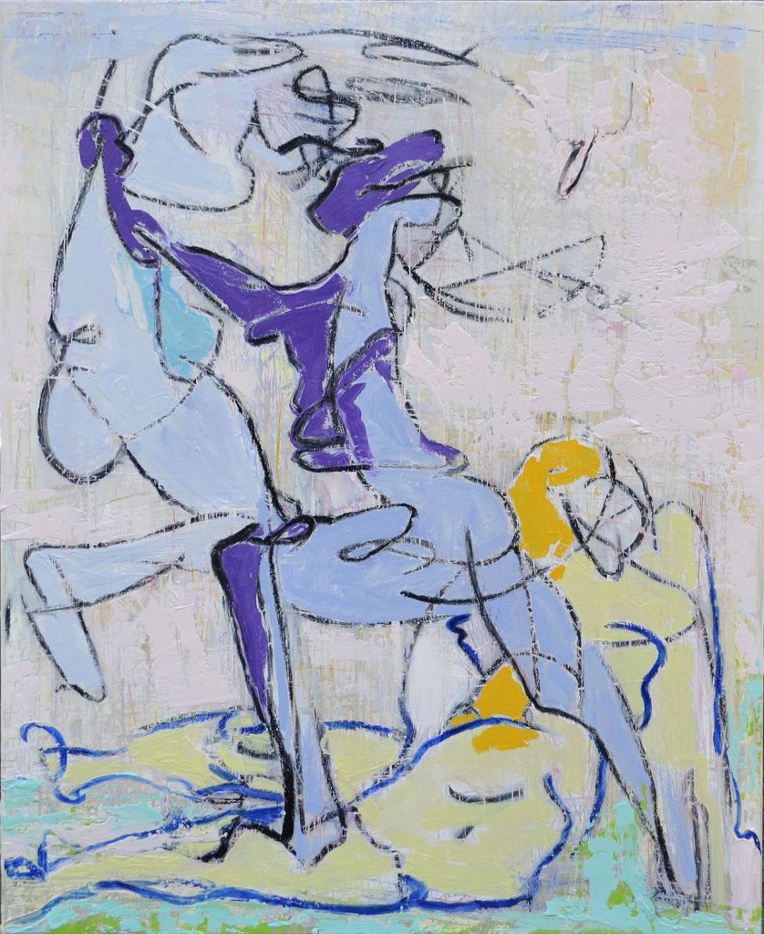 Linear figurative painting ‘The Fight’ by artist Borko Petrovic — depicting the struggle between three figures in a dynamic and expressive composition