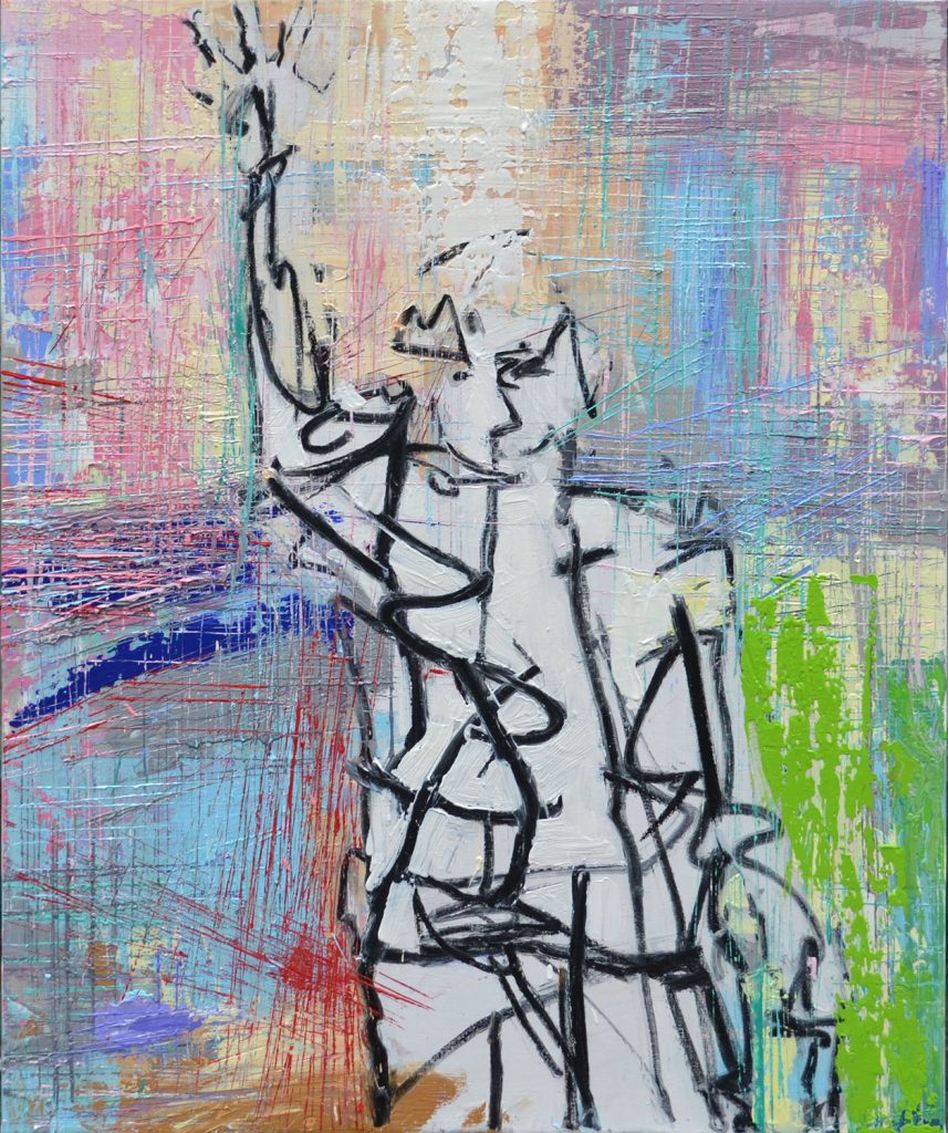 Figurative painting ‘Welcome Better World’ by artist Borko Petrovic — a sculpture-like figure inspired by the iconic Statue of Liberty, symbolizing hope, optimism, and a brighter, joyful world for all