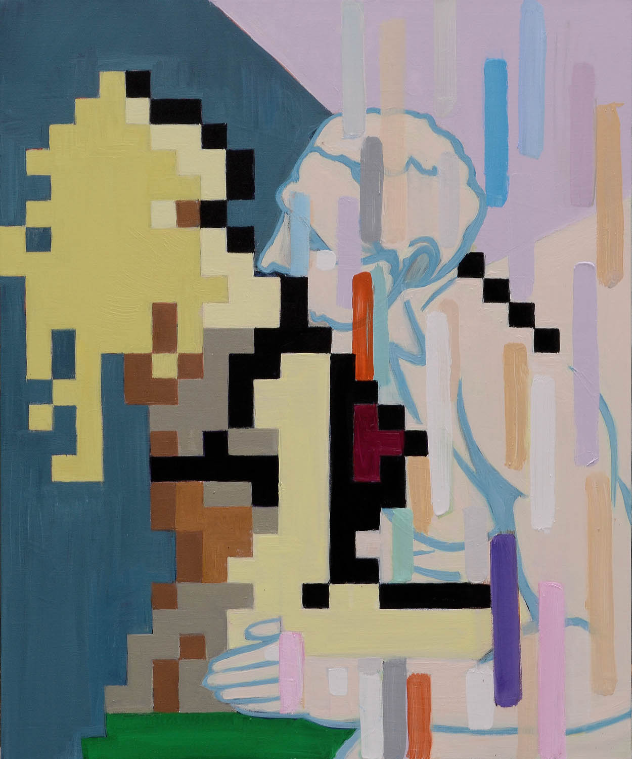 Figurative painting ‘Kiss 2’ by artist Borko Petrovic — depicting a man kissing an imagined digital female figure, exploring modern romance and the fusion of reality with digital fantasy