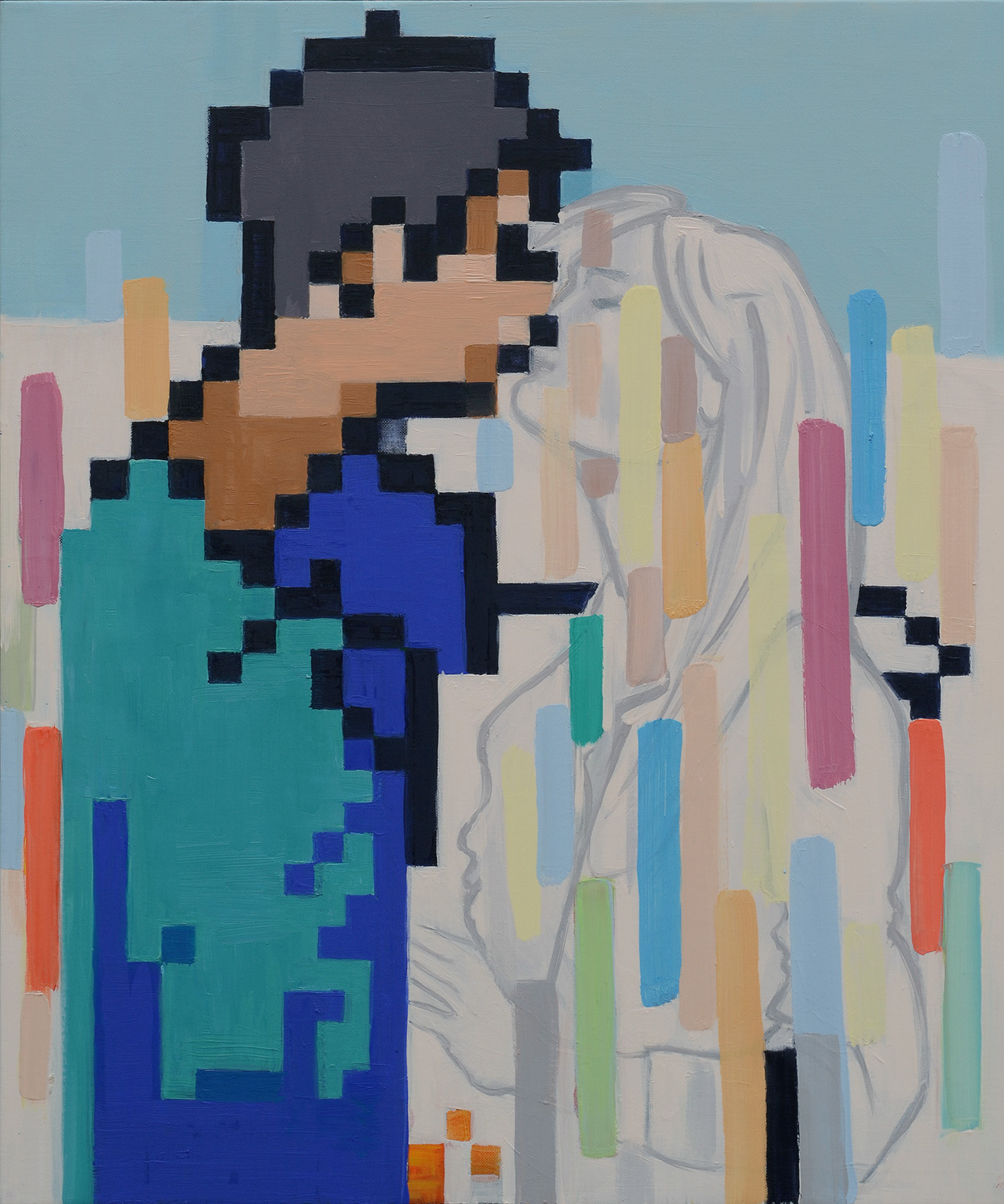 Figurative painting ‘Kiss’ by artist Borko Petrovic — depicting a dreamlike moment of a woman leaning in for a kiss, symbolizing infatuation and modern romantic fantasies