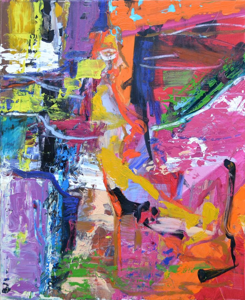 Expressive figurative painting ‘Step Forward’ by artist Borko Petrovic — depicting a confident businessman boldly stepping into new ventures, conveying strength, determination, and fearlessness