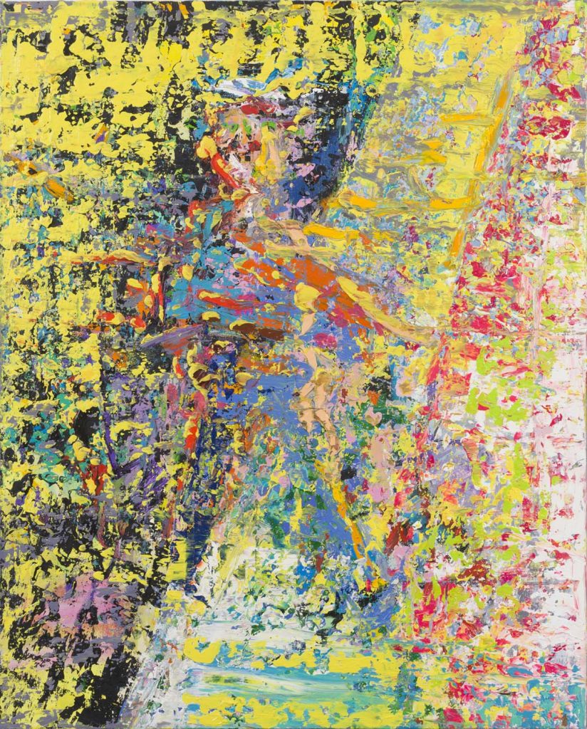 Abstract expressive painting ‘Street Walker’ by artist Borko Petrovic — capturing the joy of a person moving through the streets with dense, vibrant brushstrokes