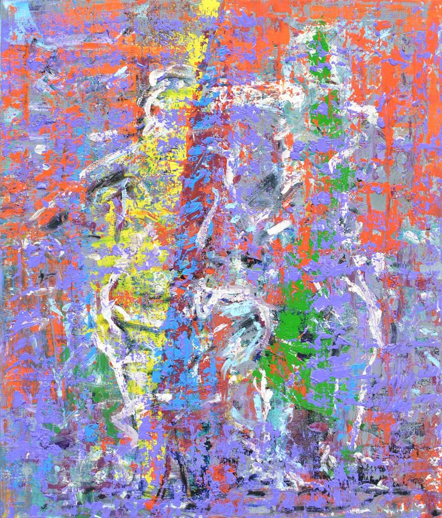 Abstract figurative painting ‘Two Happy Friends’ by artist Borko Petrovic — depicting two friends stumbling home joyfully, portrayed through thick, expressive brushstrokes in a style reminiscent of Richter