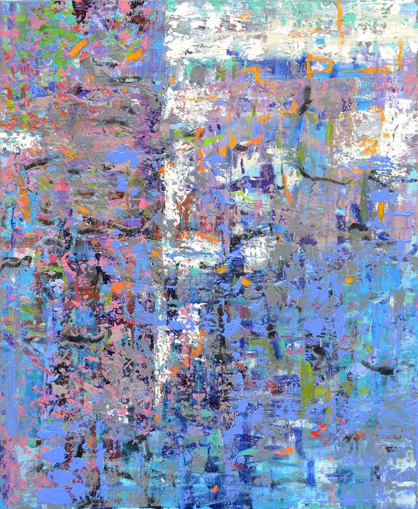 Modern abstract painting ‘What the Water Remembers’ by artist Borko Petrovic — a study of water in varying shades of blue, capturing shimmering effects reminiscent of Monet’s impressionist technique