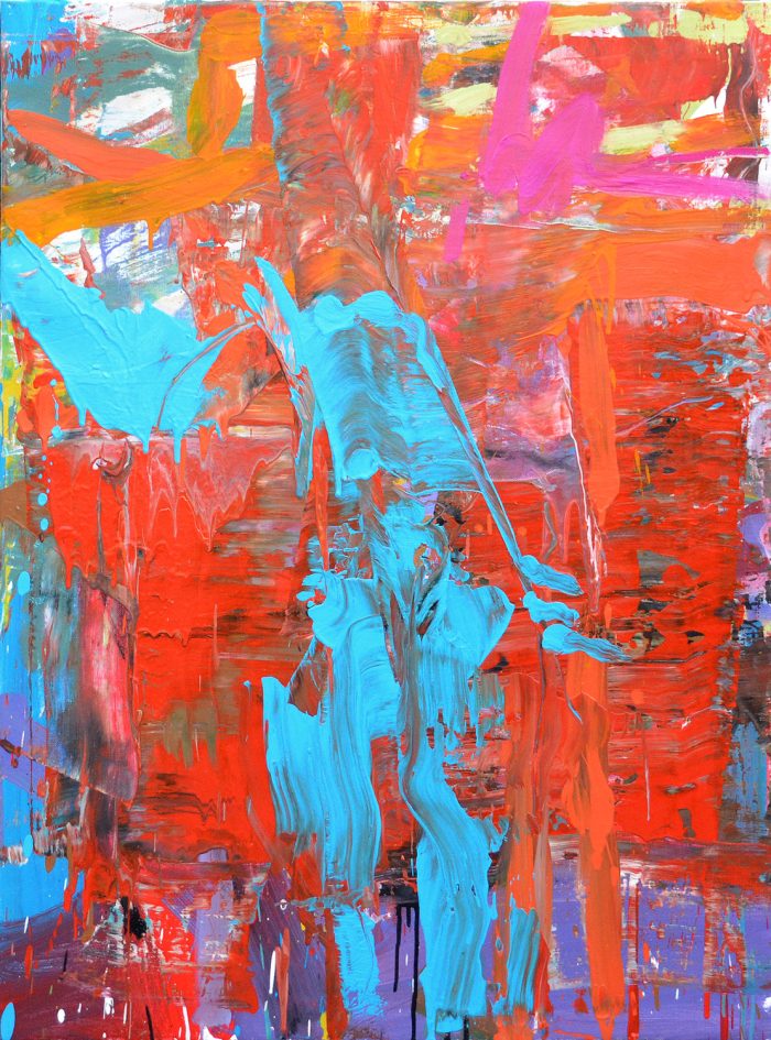 Contemporary abstract expressionist artwork by Borko Petrovic: Heavy impasto textures with thick blue brushwork and visible paint drips layered over an energetic field of red and violet pigments