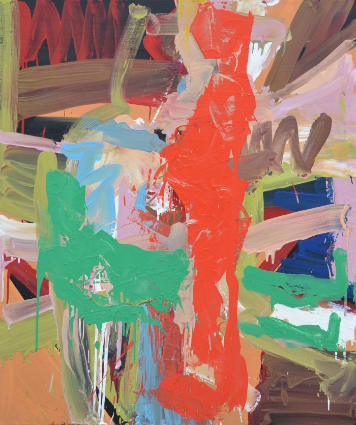 Abstract expressionist painting titled 'Spatial Paradox' showing a central red form amidst layers of green, pink, and blue impasto textures