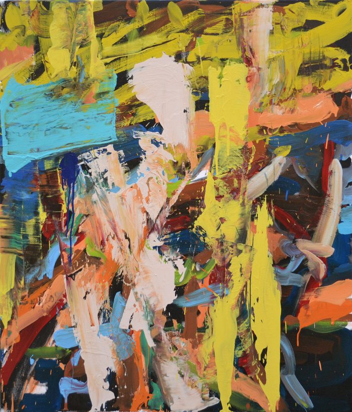 Contemporary abstract artwork by Borko Petrovic: Heavy impasto textures and energetic paint drips in lemon yellow and ochre, layered over a multi-chromatic field with visible palette knife strokes