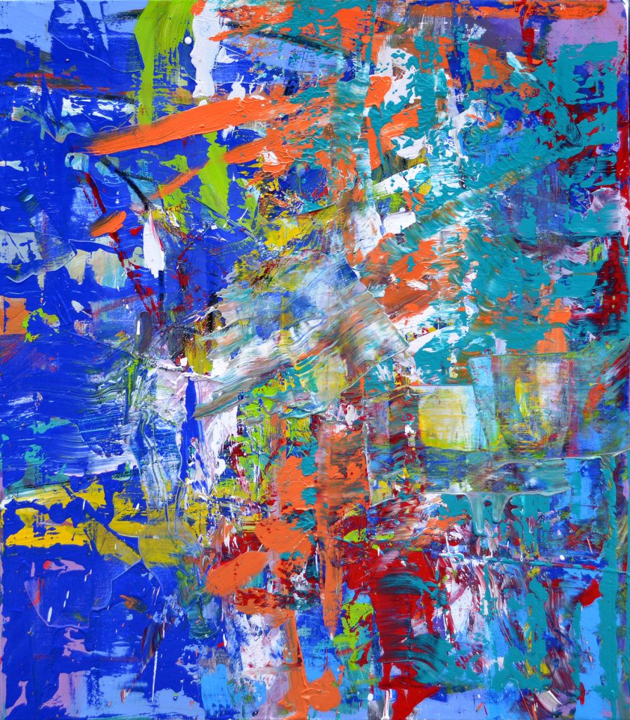 Abstract contemporary painting titled “Refractions of Silence”, revealing muted perception and fractured calm through soft transitions, layered depth, and modern abstract structure.