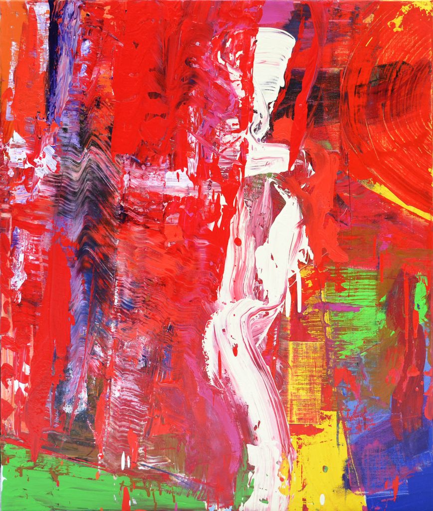 Abstract red painting with figurative elements, contemporary artwork titled “Shadow” by Borko Petrovic