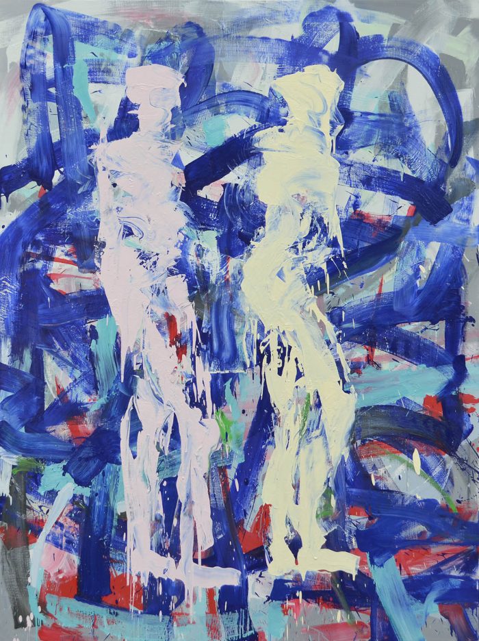 Abstract painting featuring two pale blue and mint green human silhouettes standing tall against a chaotic background of black, white, and yellow brushstrokes.