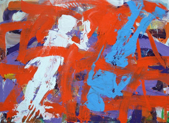 Abstract expressionist painting featuring a white silhouette and a blue silhouette intertwined amidst bold, aggressive orange and purple brushstrokes.