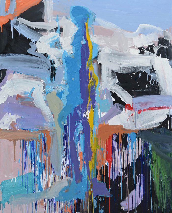 Abstract painting with a tall, vertical blue and purple central figure standing firmly amid horizontal white sweeps and colorful dripping paint.