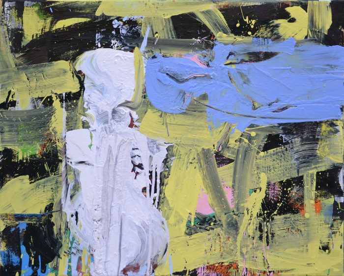 Abstract painting with a white textured silhouette in the center and a large horizontal light blue brushstroke on a black and yellow background.