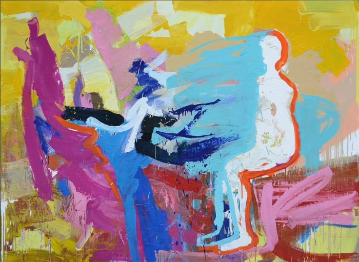 Abstract painting featuring a seated human silhouette outlined in white and orange, facing dynamic layers of blue, pink, and yellow brushstrokes.