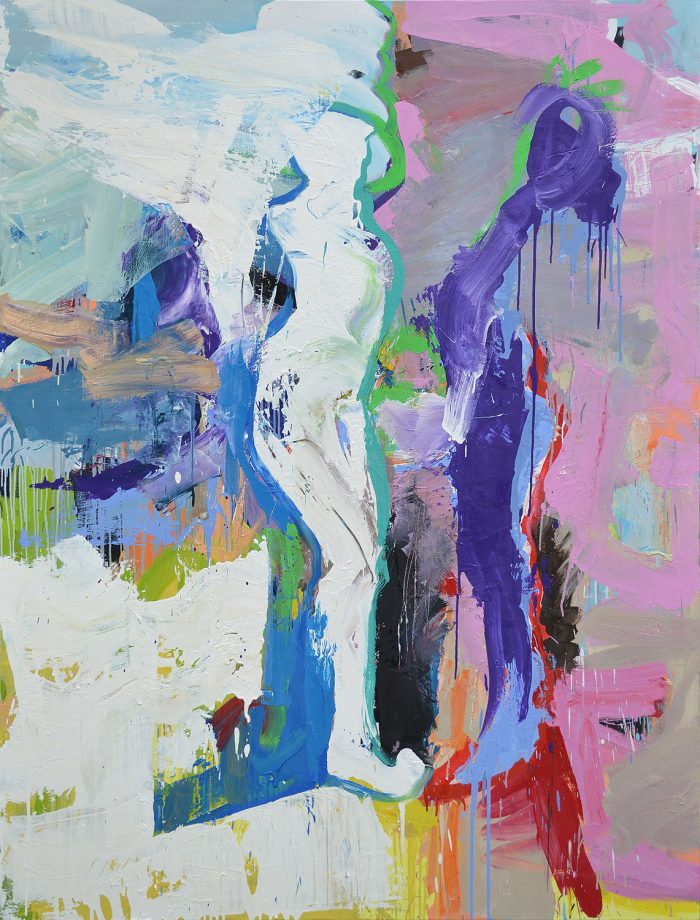 Abstract painting with two central figures, one outlined in white and green and another in dark purple, on a vibrant pink and blue background.
