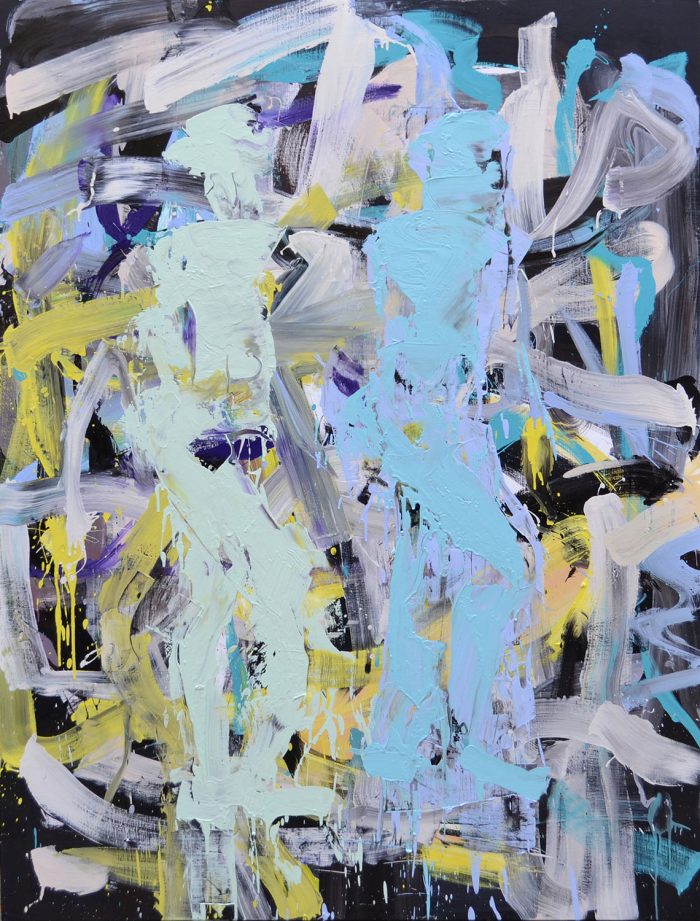 Abstract painting featuring two human figures in light pink and pale yellow, standing against a dynamic background of bold blue and grey brushstrokes.